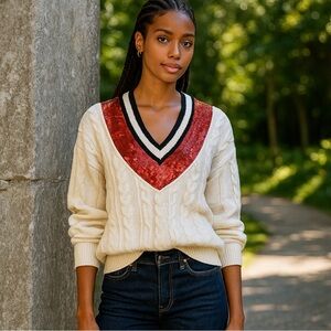 Vintage 80s Escada Wool Cable Knit Sweater with Red Sequin V Neck size 38 or M/L